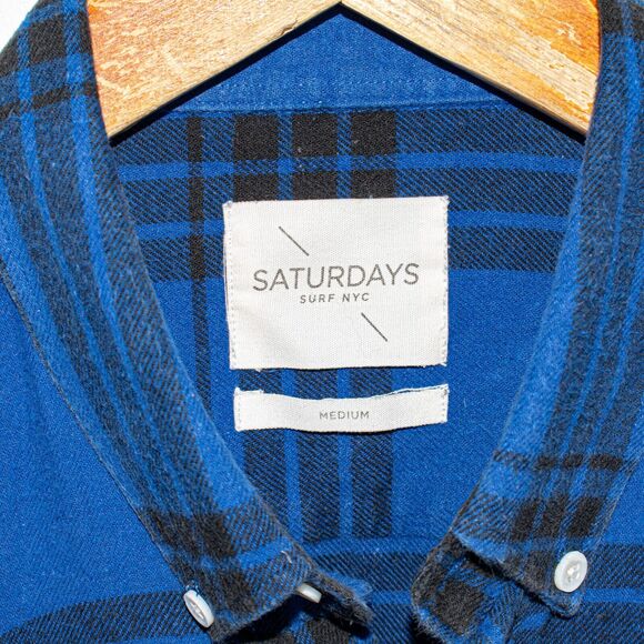 SATURDAYS SURF NYC Men's Flannel Shirt Blue Plaid Cotton Size Medium - Picture 3 of 5